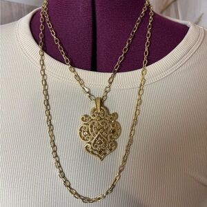 Trifari Crown Intricate Gold Tone Pendant Necklace Double Strand